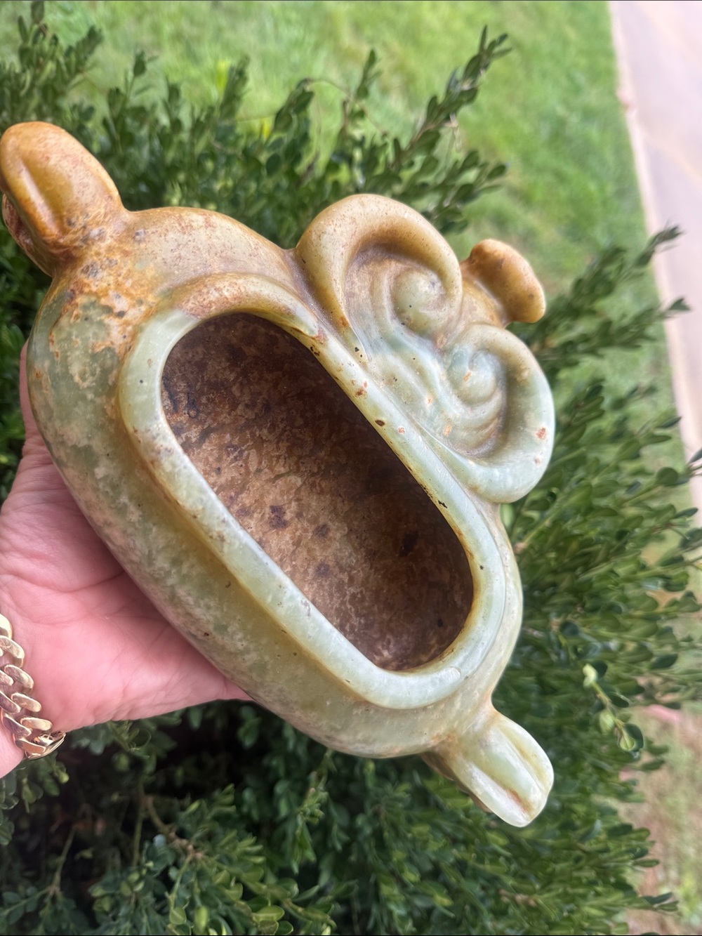 very fine Chinese pale green and russet jade brush washer